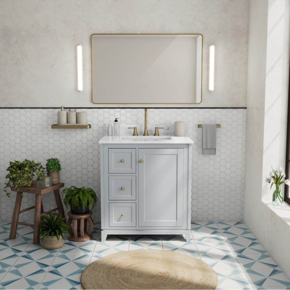 Vanuria Left 30 in. Freestanding Single Sink Vanity in Light Grey with White Marble Top and Brushe
