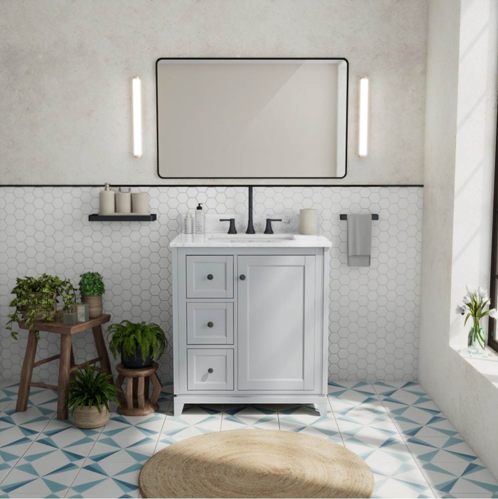 Vanuria Left 30 in. Freestanding Single Sink Vanity in Light Grey with White Marble Top and Matte