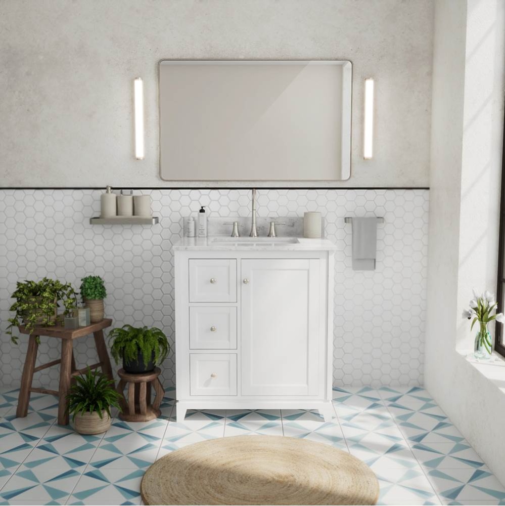 Vanuria Left 30 in. Freestanding Single Sink Vanity in White with White Marble Top and Brushed Nic