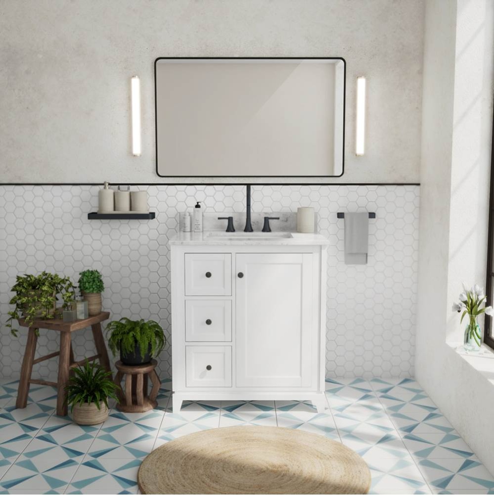 Vanuria Left 30 in. Freestanding Single Sink Vanity in White with White Marble Top and Matte Black