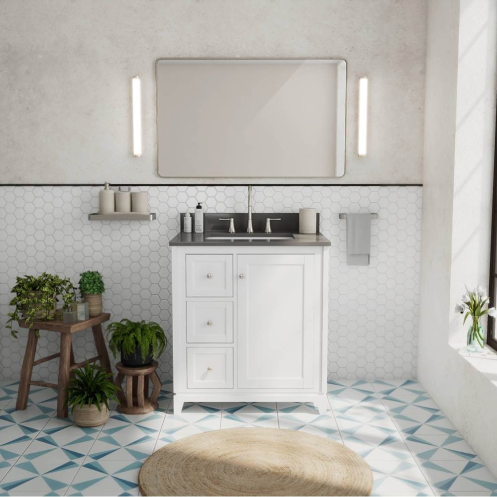 Vanuria Left 30 in. Freestanding Single Sink Vanity in White with Grey Quartz Top and Brushed Nick