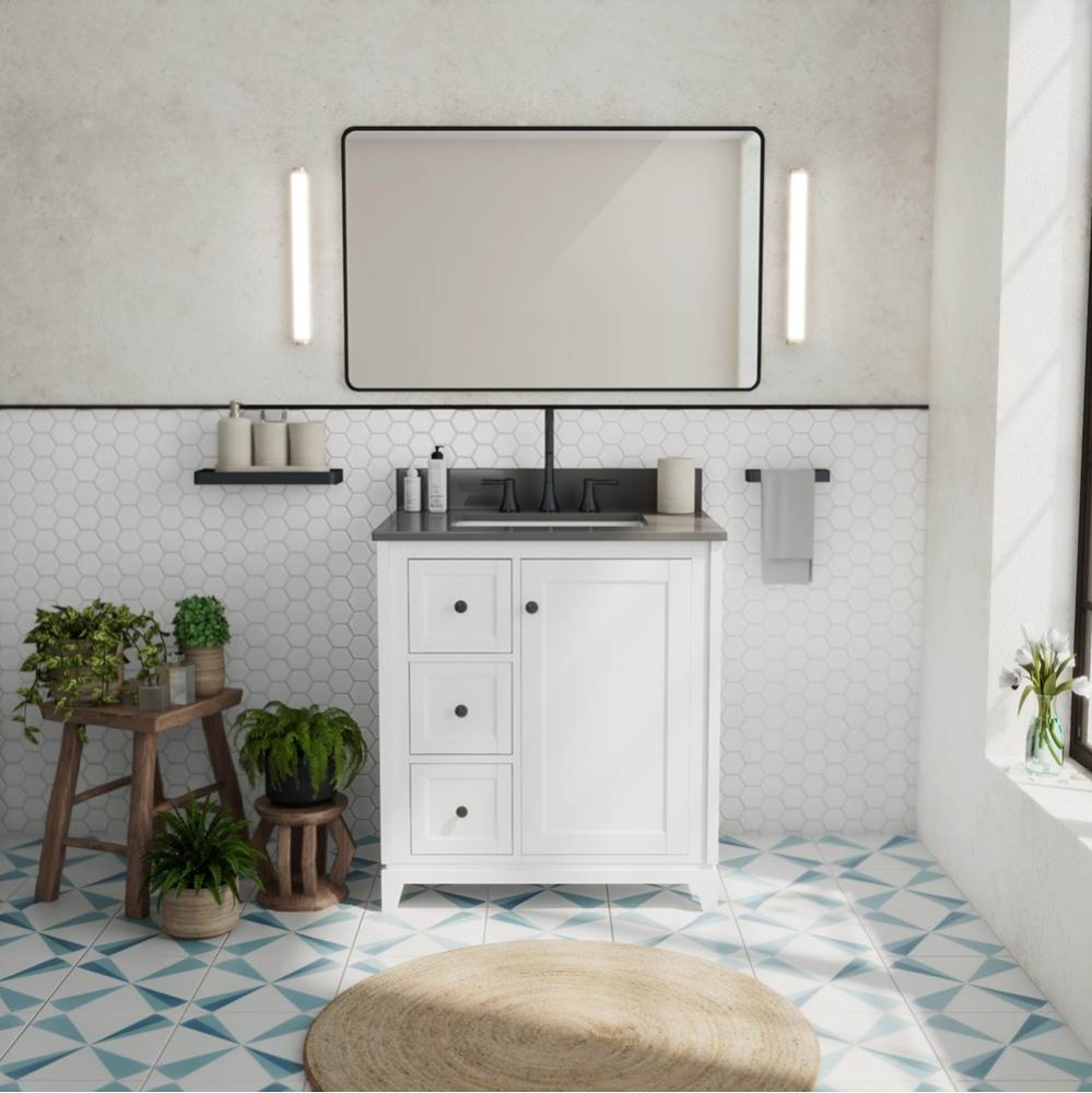 Vanuria Left 30 in. Freestanding Single Sink Vanity in White with Grey Quartz Top and Matte Black