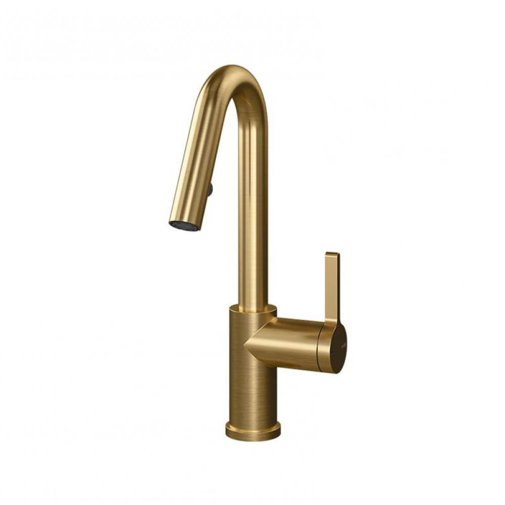 Loft Kitchen Faucet Round Body ''J'' Spout 2 Jets Hand Spray Brushed Gold