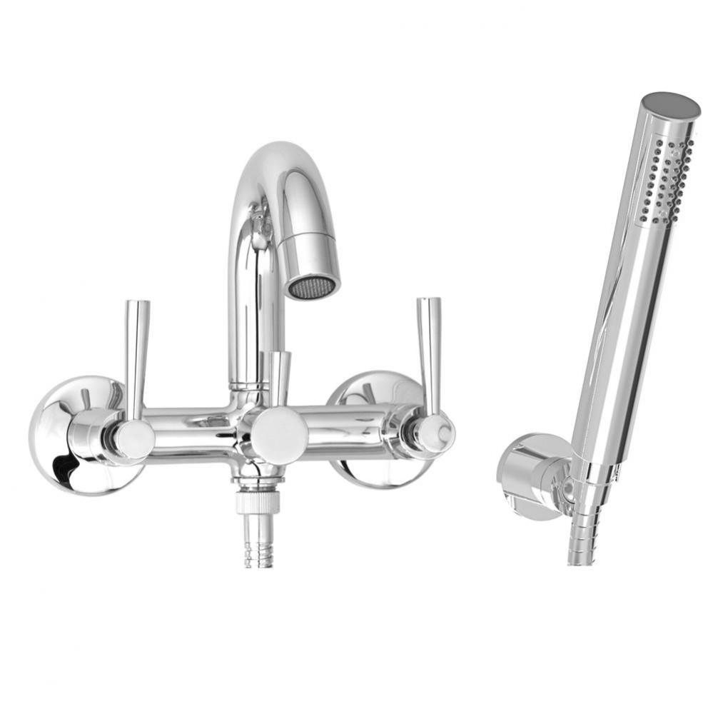 Modern, exposed tub-shower mixer with hand shower