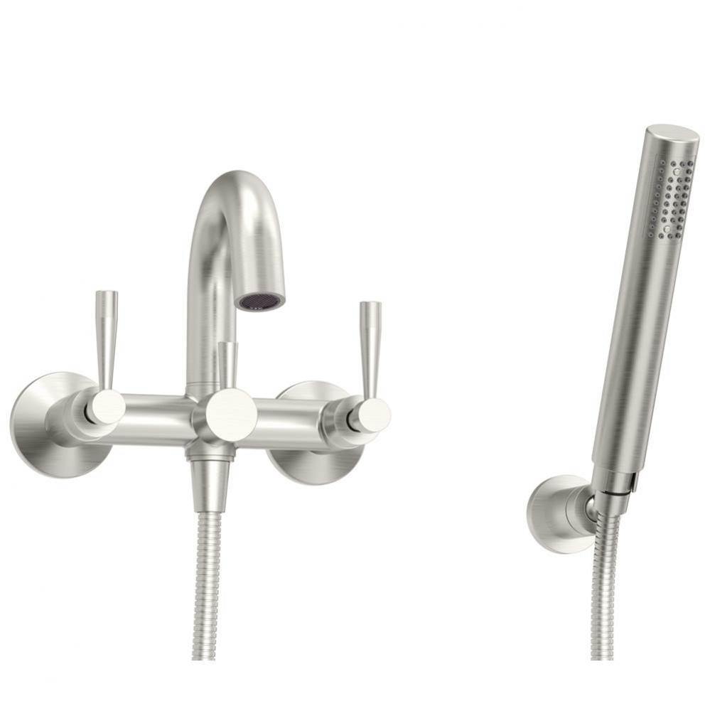 Modern, exposed tub-shower mixer with hand shower