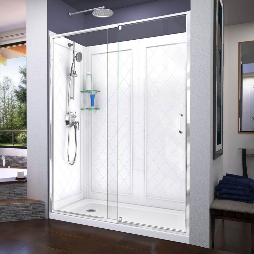 DreamLine Flex 34 in. D x 60 in. W x 76 3/4 in. H Pivot Shower Door in Chrome with Left Drain Whit