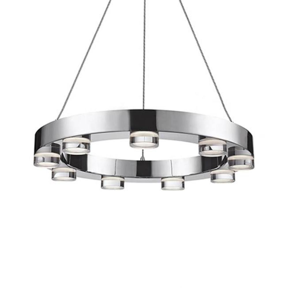 Nine Lamp Led Ring Shaped Elegant Pendant With Clear Crystal Discs. Metal Details In Chrome