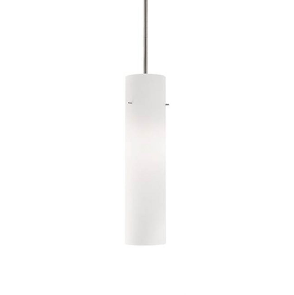 Single Lamp Pendant With White Opal Cylinder Glass Shade. Metal Details In Brushed Nickel