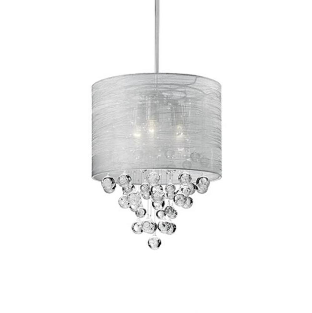Three Lamp Pendant With Textured Silver Silk Shade And Drops Of Clear Crystal Balls With Bubbles