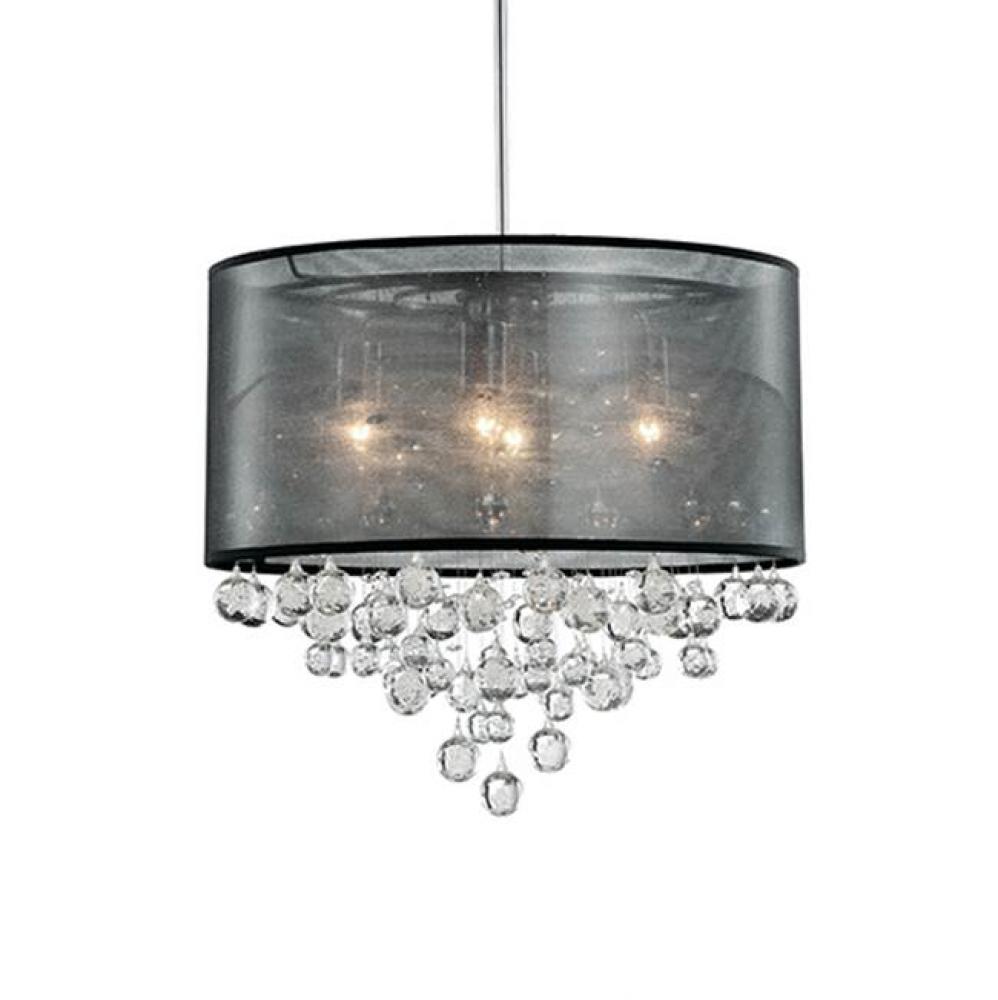 Four Lamp Pendant With Textured Black Organza Shade And Drops Of Clear Crystal Balls With Bubbles