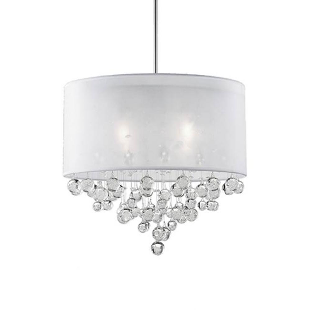 Four Lamp Pendant With Textured White Organza Shade And Drops Of Clear Crystal Balls With Bubbles