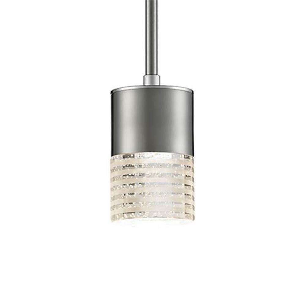 Single Lamp Led Pendant With Frosted Striped Crystal. Metal Details In Brushed Nickel