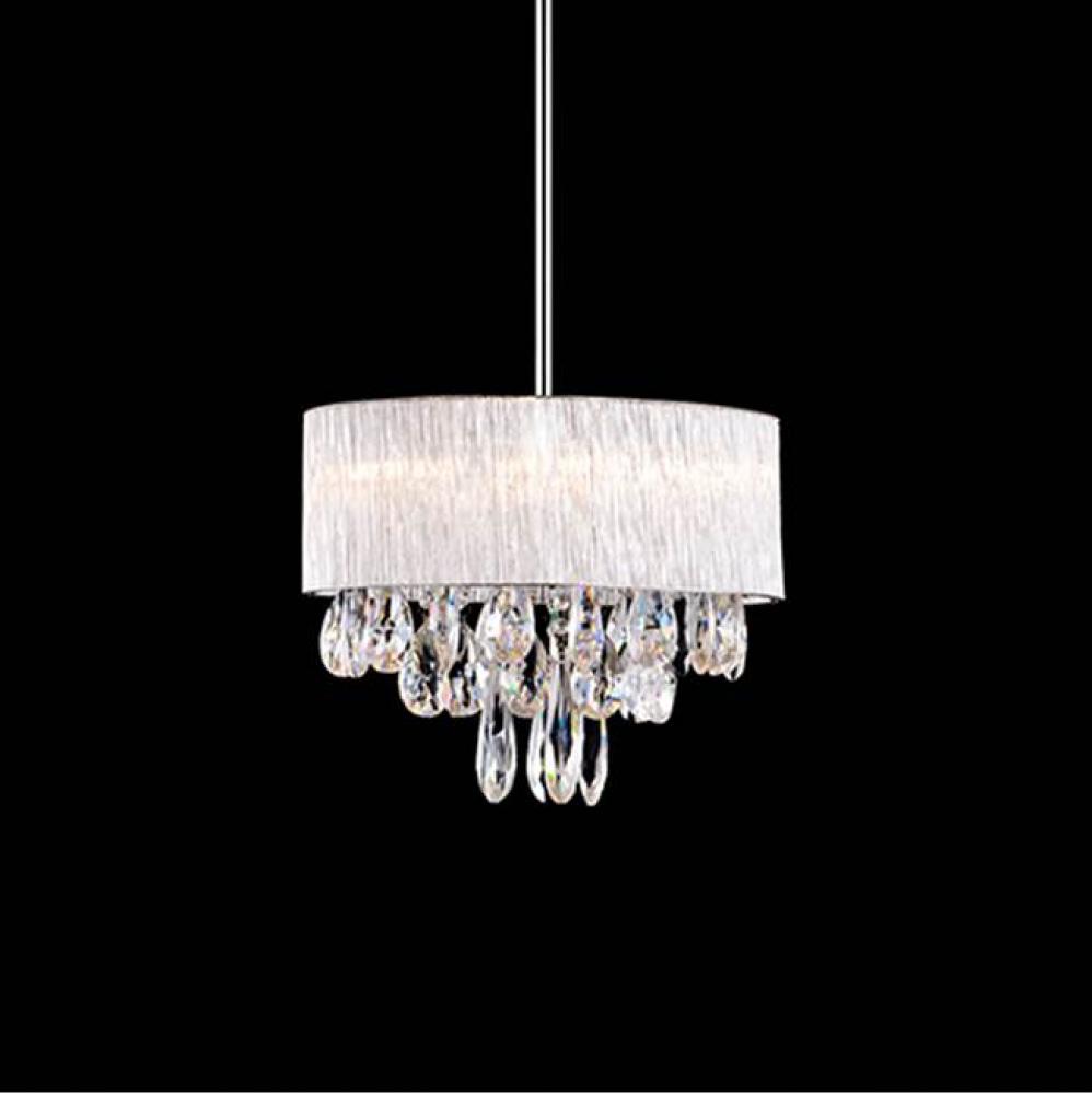 Six Lamp Clear Ribbed Glass Rod Shade Pendant With Clear Hanging Crystals. Metal Details In