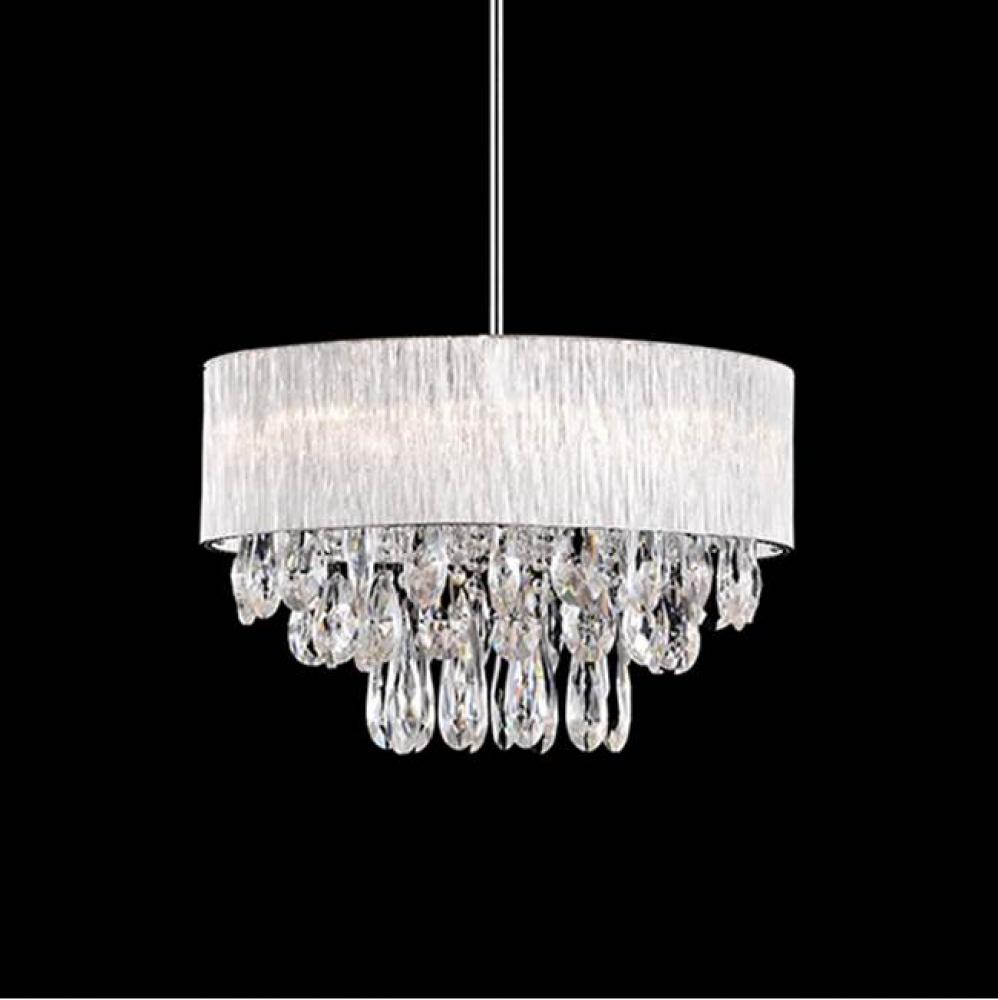 Eight Lamp Clear Ribbed Glass Rod Shade Pendant With Clear Hanging Crystals. Metal Details In