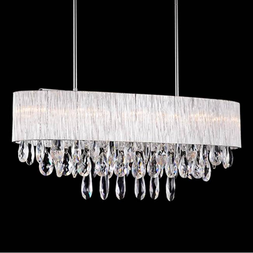 Ten Lamp Clear Ribbed Glass Rod Shade Pendant With Clear Hanging Crystals. Metal Details In