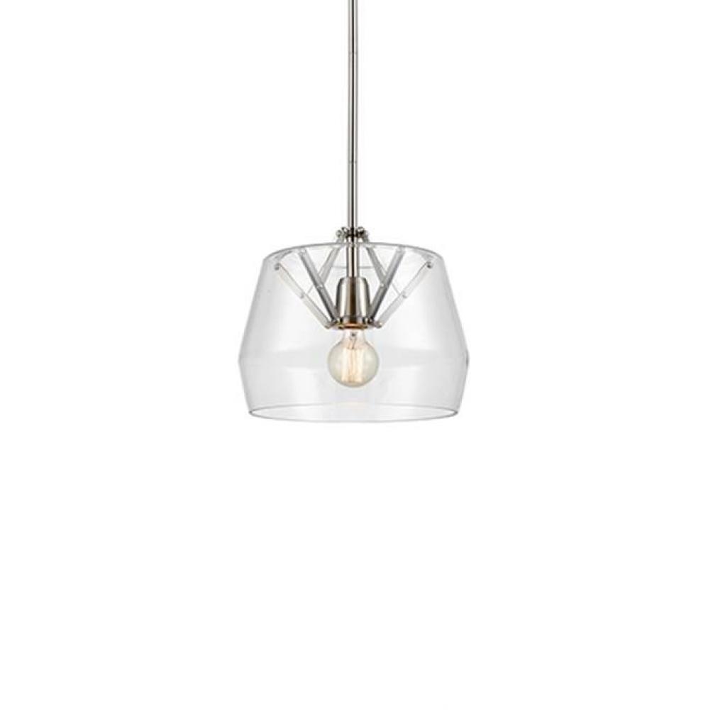 Single Lamp Pendant With Revolved Glass Shade Rest Atop A Visible Metal Inner Structure.