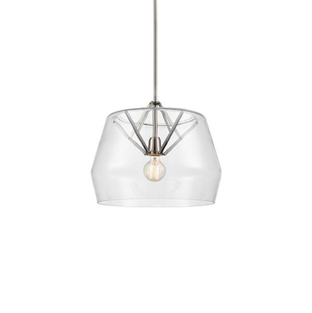 Single Lamp Pendant With Revolved Glass Shade Rest Atop A Visible Metal Inner Structure.