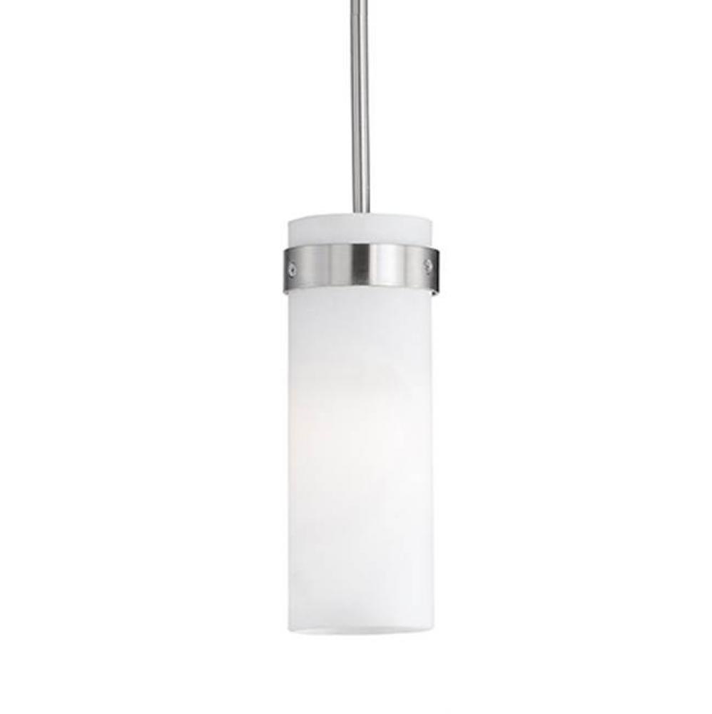 Single Lamp Pendant With White Cylinder Opal Glass. Brushed Nickel Metal