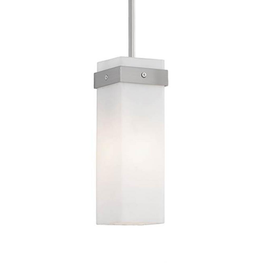 Single Lamp Pendant With White Square Opal Glass. Brushed Nickel Metal