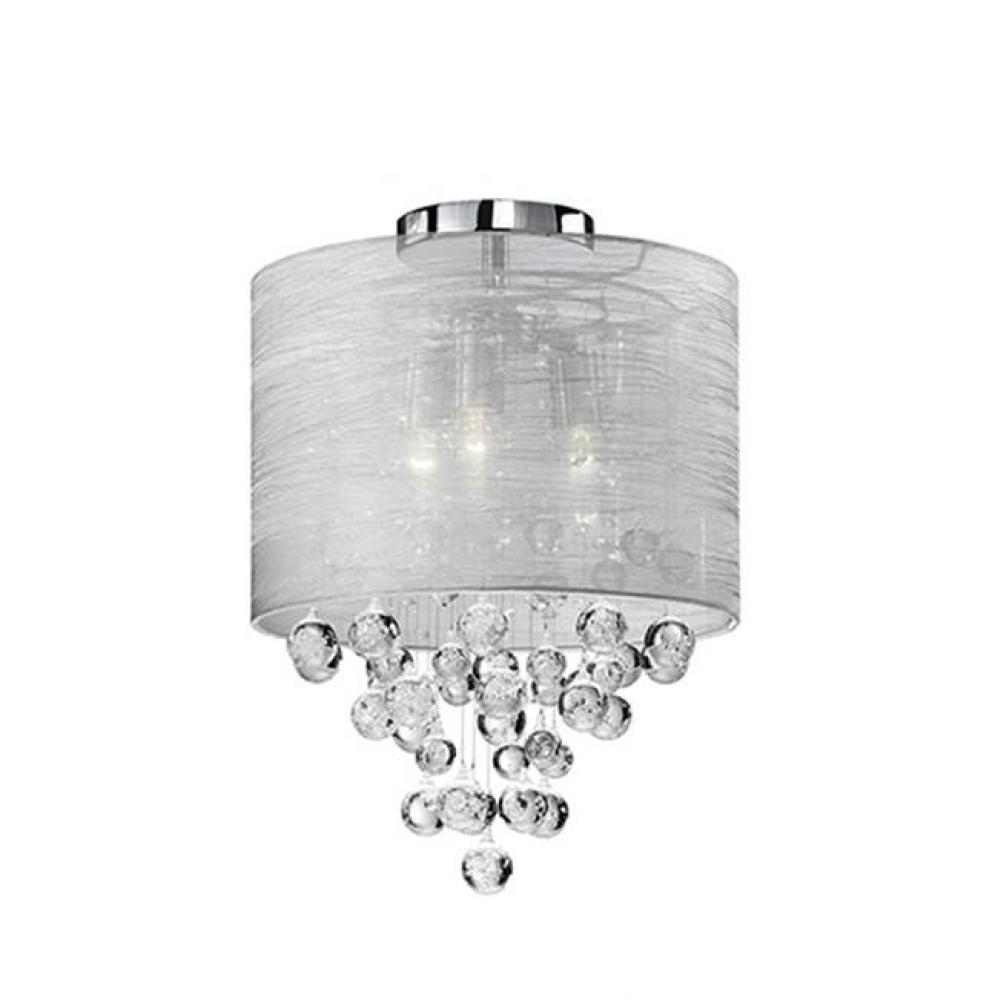 Two Lamp Ceiling Fixture With Textured Silver Silk Shade And Drops Of Clear Crystal Balls With