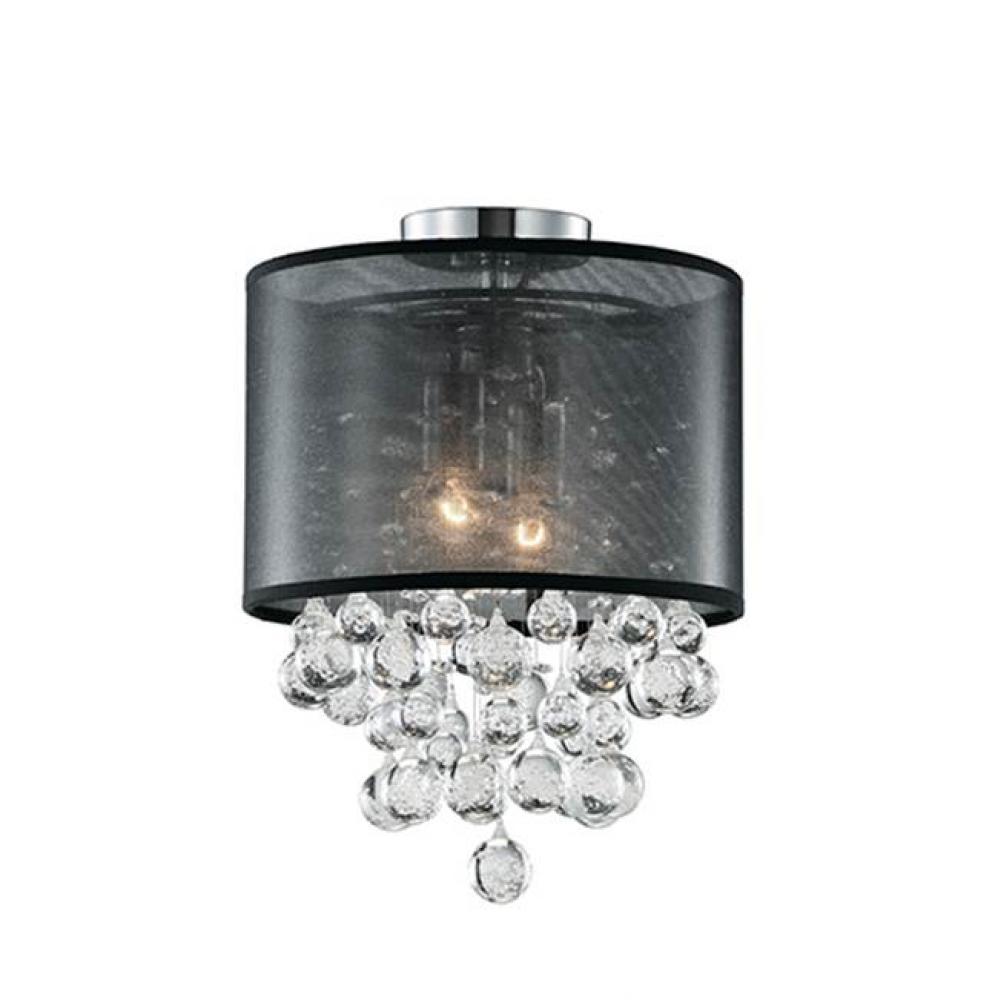 Two Lamp Ceiling Fixture  With Textured Black Organza Shade And Drops Of Clear Crystal Balls With