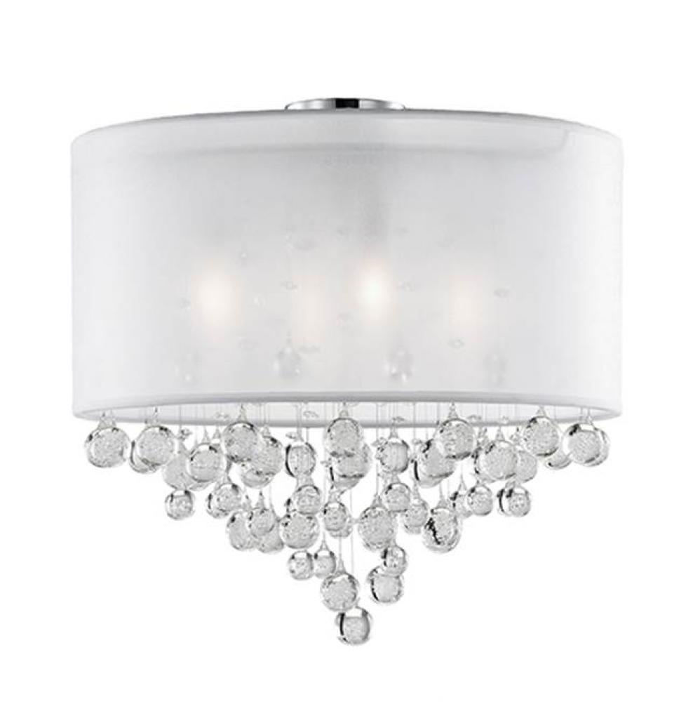 Four Lamp Ceiling Fixture  With Textured White Organza Shade And Drops Of Clear Crystal Balls