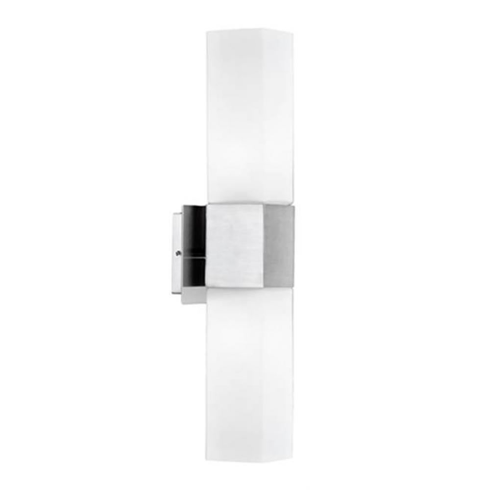 Two Lamp Rectangular Wall Sconce With White Opal Glass. Metal Details In Brushed Nickel