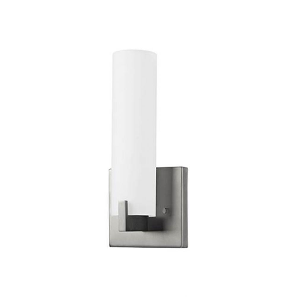 Single Lamp Led Wall Sconce With White Opal Glass Cylinder, Metal Details In Brushed Nickel Or