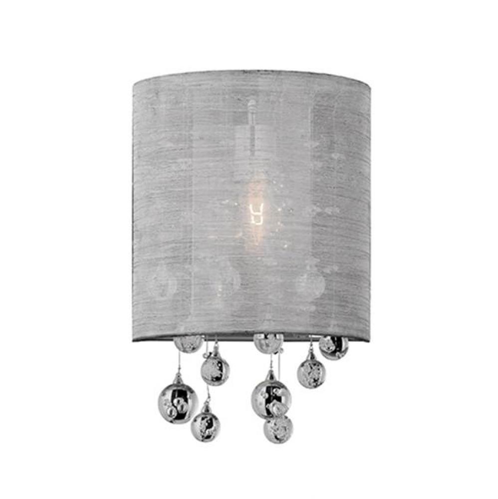 Single Lamp Wall Sconce With Silver Silk Shade And Drops Of Clear Crystal Balls Encased
