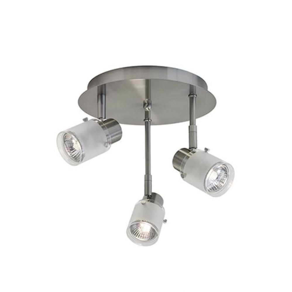 Three Lamp Monopoint Fixture With Frosted Glass Shade. Metal Finish In Brushed