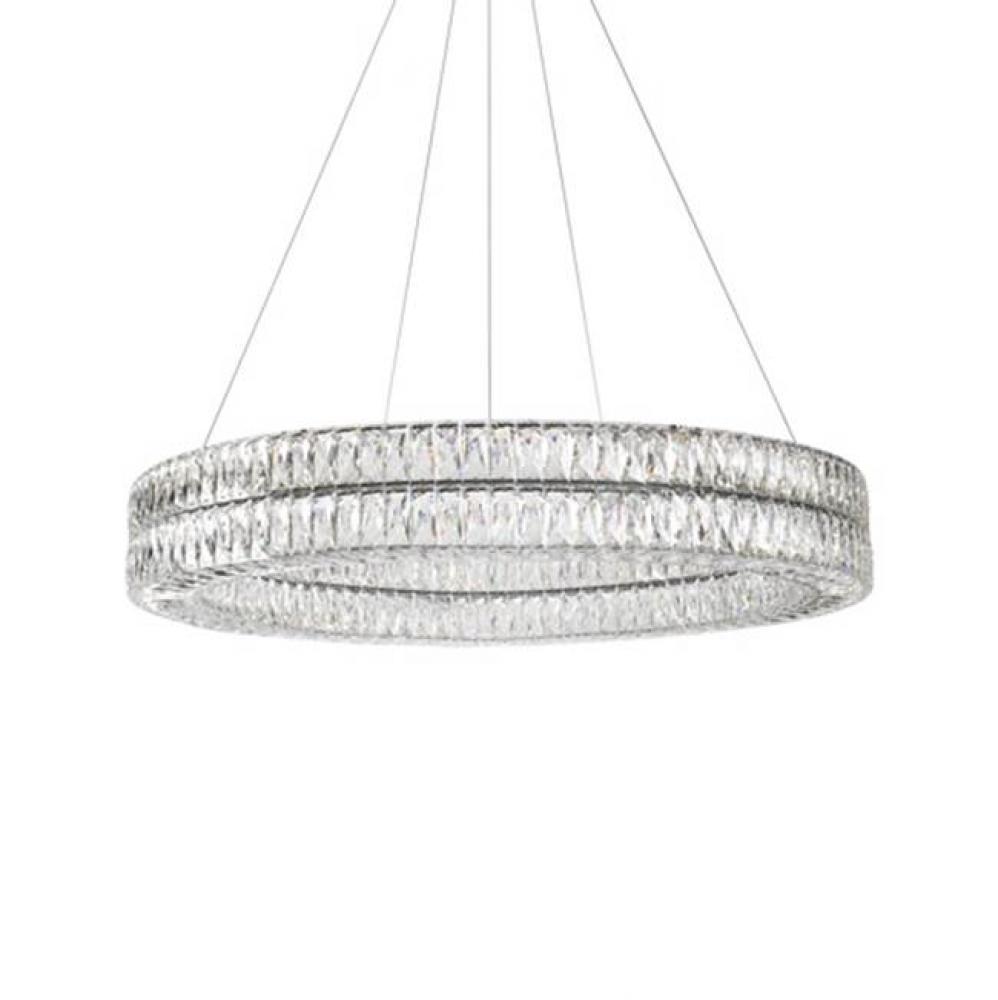 Aircraft Cable Suspended Pendant With A Double Circular Ring Of Diamond Cut Clear Crystal Glass