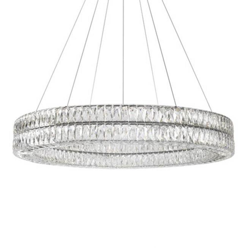 Aircraft Cable Suspended Chandelier With A Double Circular Ring Of Diamond Cut Clear Crystal