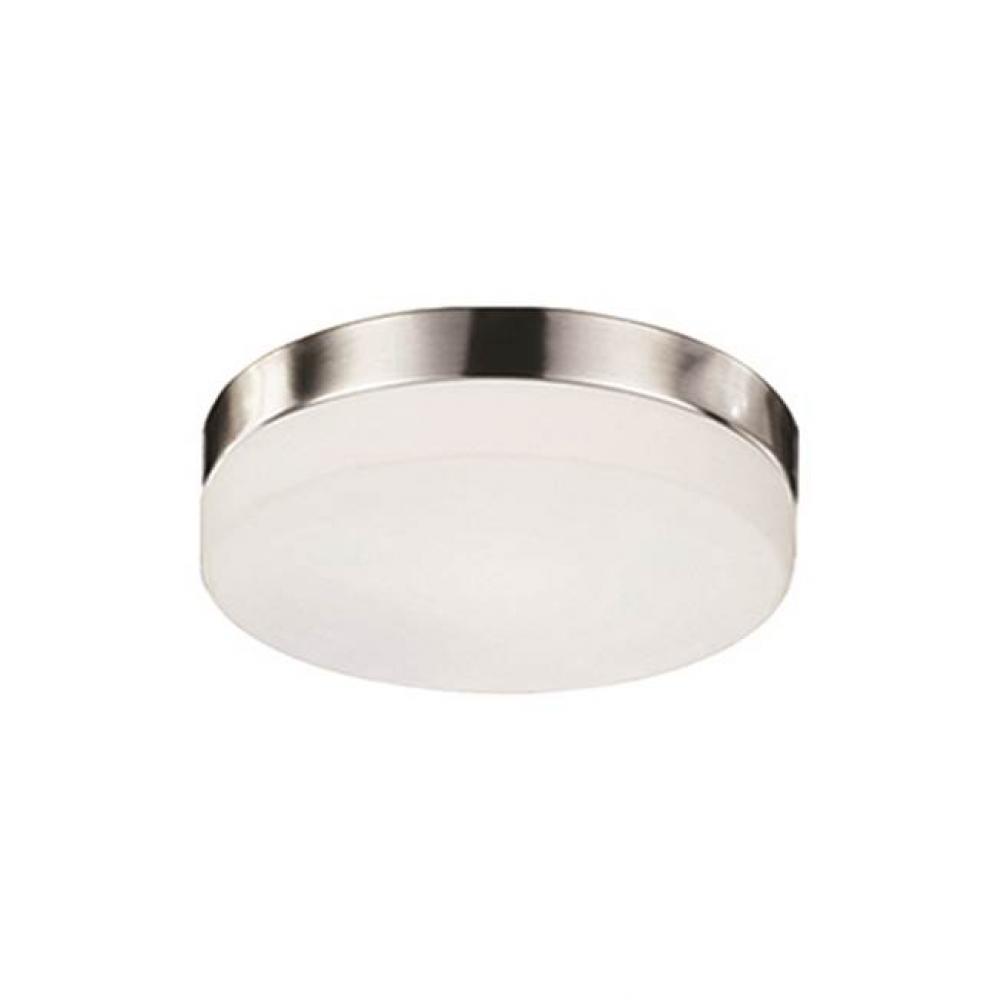 Single Led Flush Mount Ceiling Fixture With Round White Opal Glass. Metal Details In Brushed