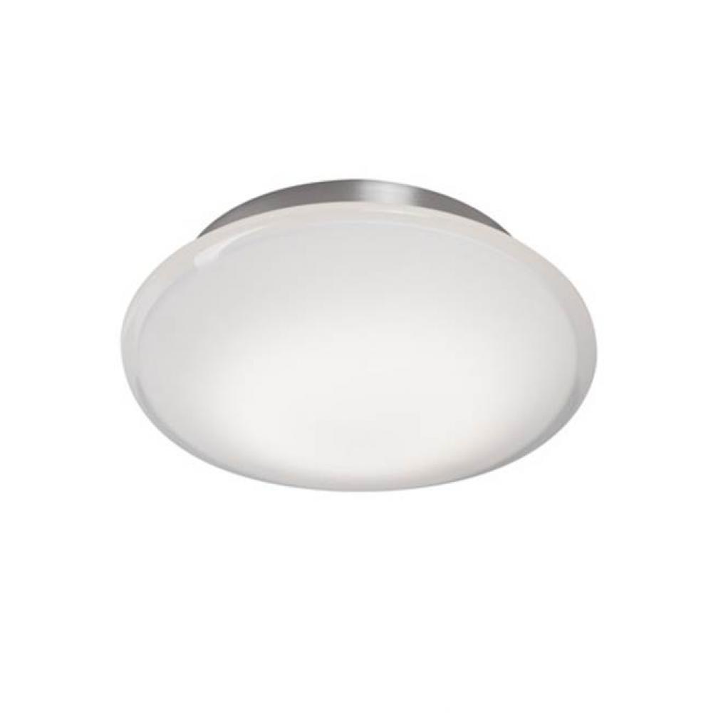 Circular, Domed White Opal Glass Encased In ClearGlass With Electroplated, Formed Steel