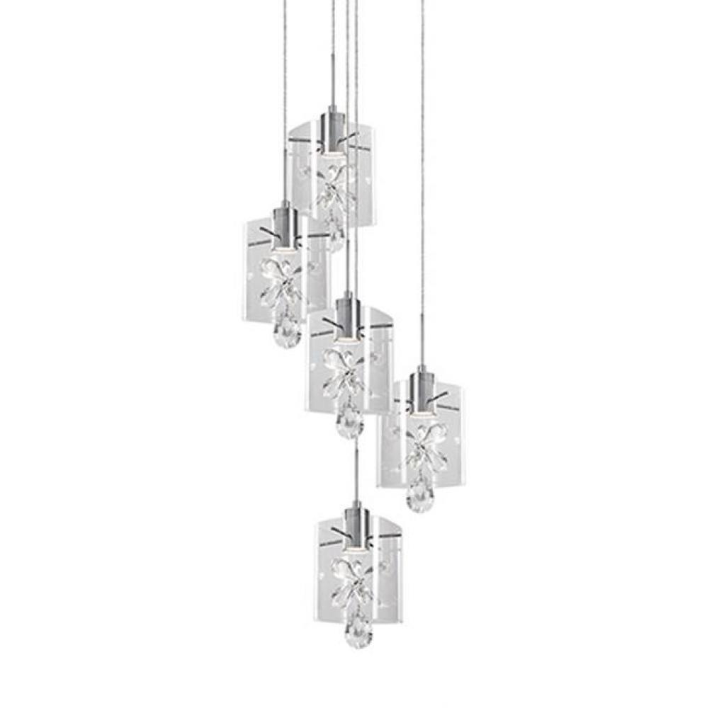 Dazzling Round Five Led Multi-Pendant With Each Pendant Having Rounded Square Clear Glass.
