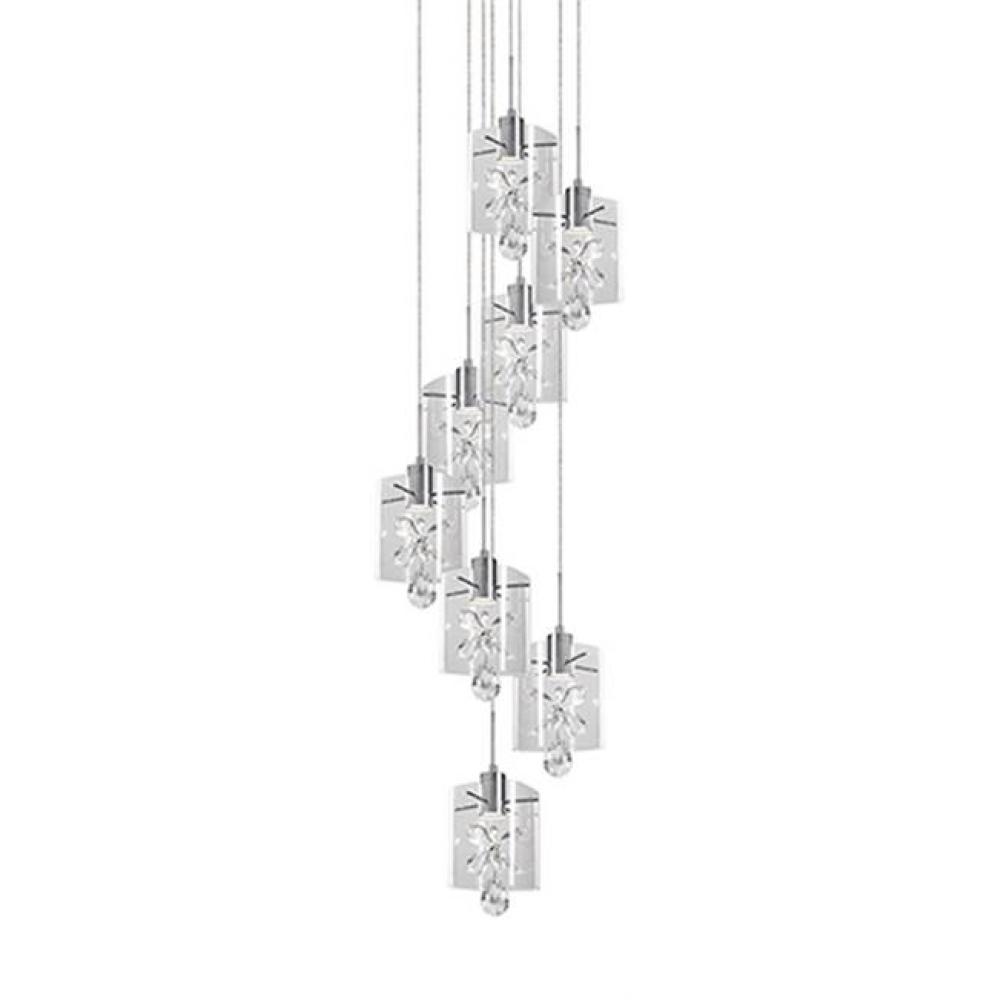 Dazzling Round Eight Led Multi-Pendant With Each Pendant Having Rounded Square Clear Glass.