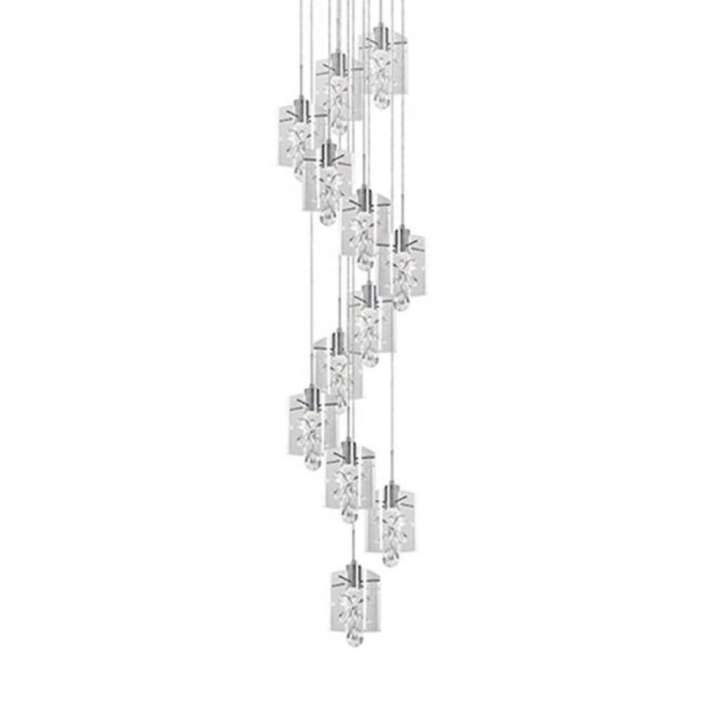 Dazzling Round Twelve Led Multi-Pendant With Each Pendant Having Rounded Square Clear Glass.