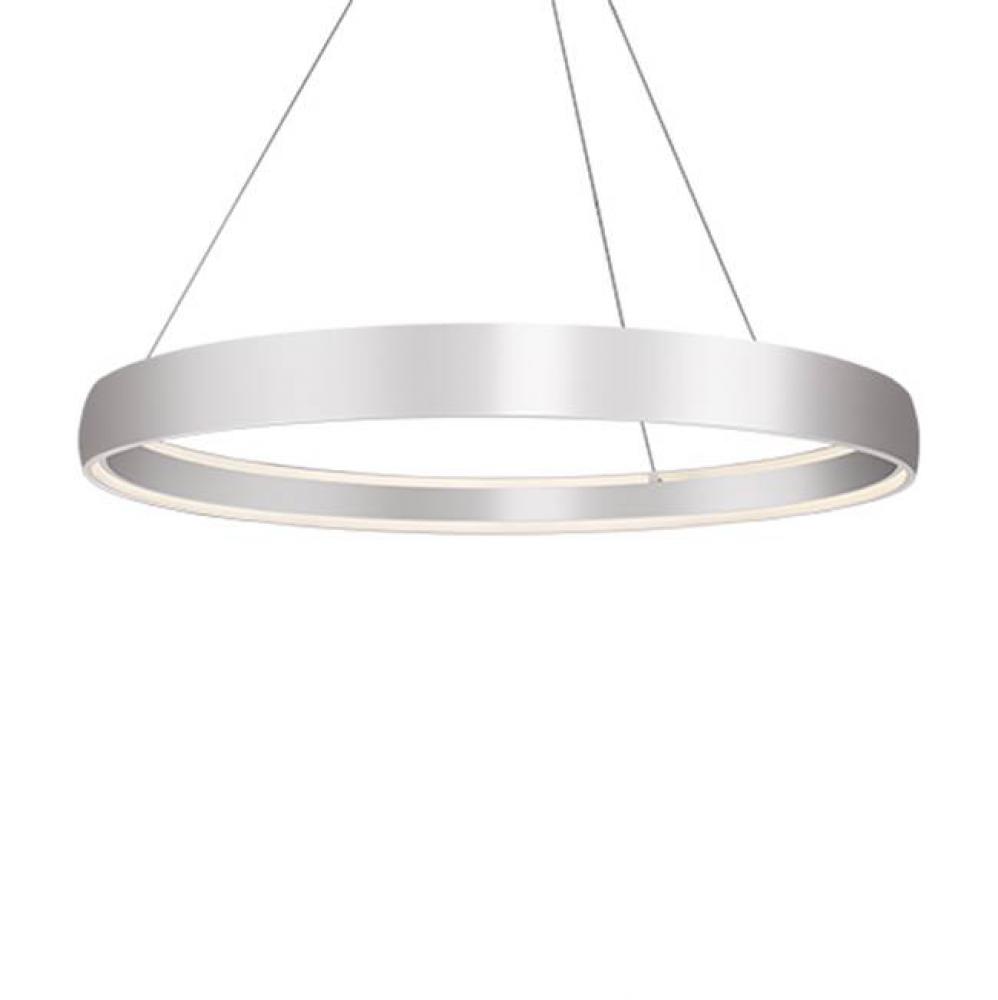 Aircraft Cable Suspended Circular Pendant With Circular Canopy. Soft Up/Down Light Is Emitted