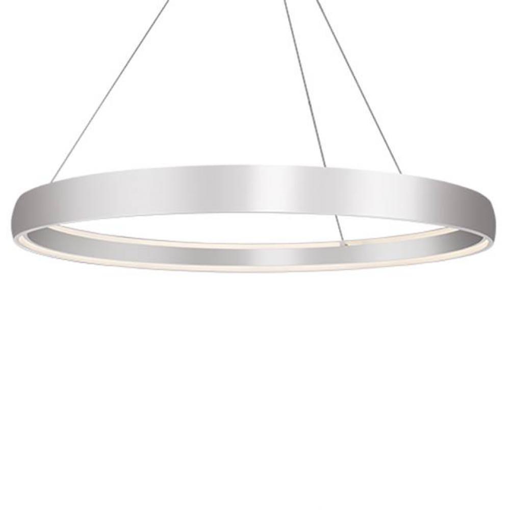 Aircraft Cable Suspended Circular Pendant With Circular Canopy. Soft Up/Down Light Is Emitted