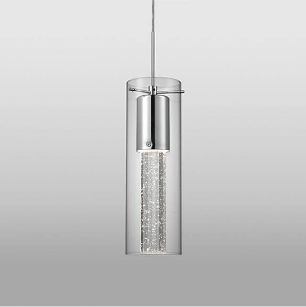Single Lamp Led Pendant With Encased Crystal Bubbles In A Clear Glass Shade With Chrome