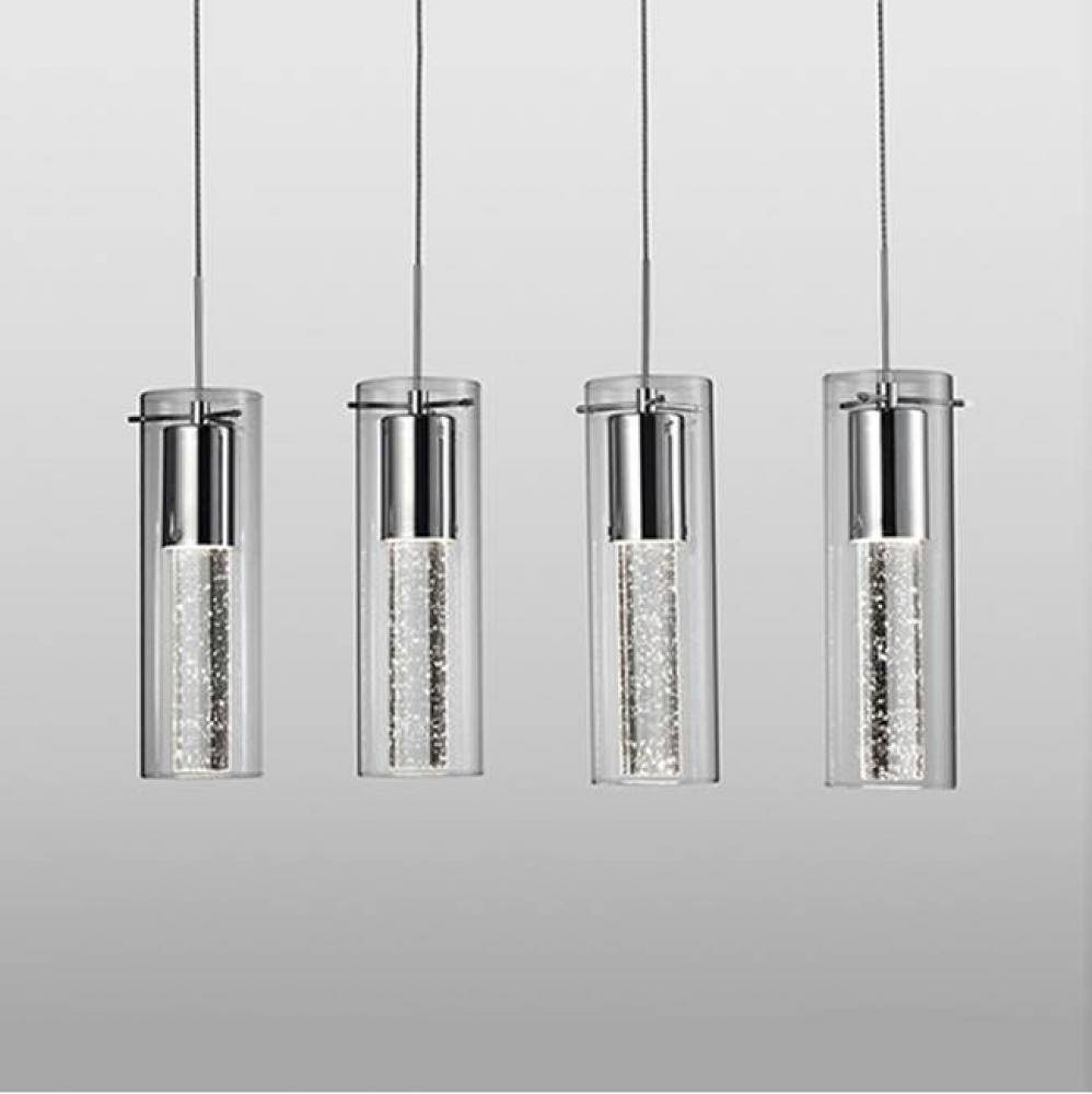 Four Lamp Led Pendant With Encased Crystal Bubbles In A Clear Glass Shade With Chrome