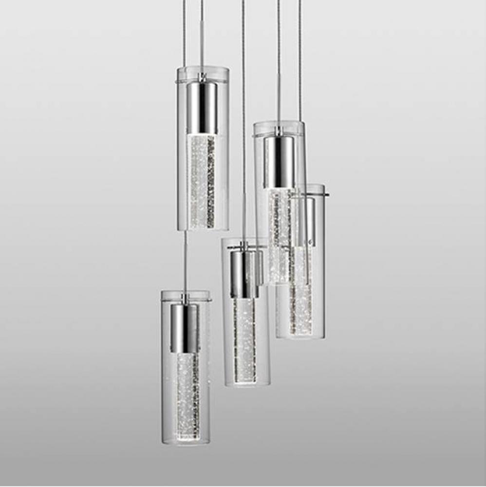Five Lamp Led Pendant With Encased Crystal Bubbles In A Clear Glass Shade With Chrome