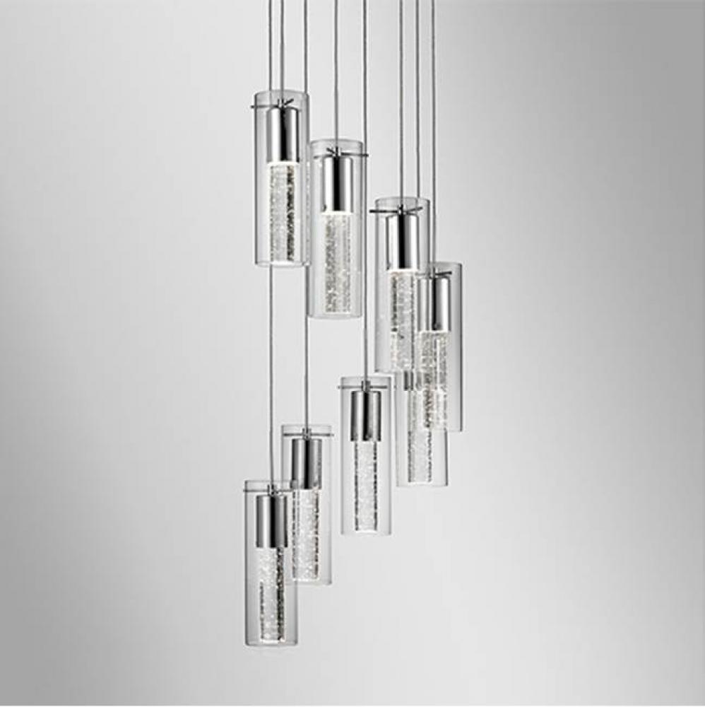 Eight Lamp Led Pendant With Encased Crystal Bubbles In A Clear Glass Shade With Chrome
