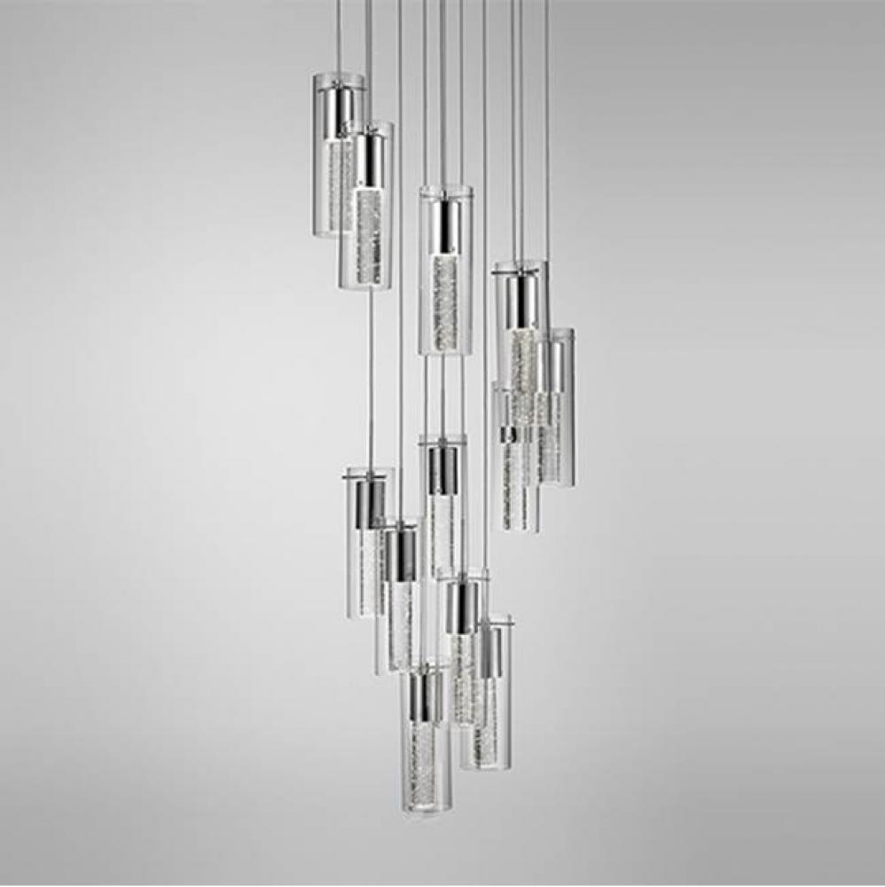 Twelve Lamp Led Pendant With Encased Crystal Bubbles In A Clear Glass Shade With Chrome