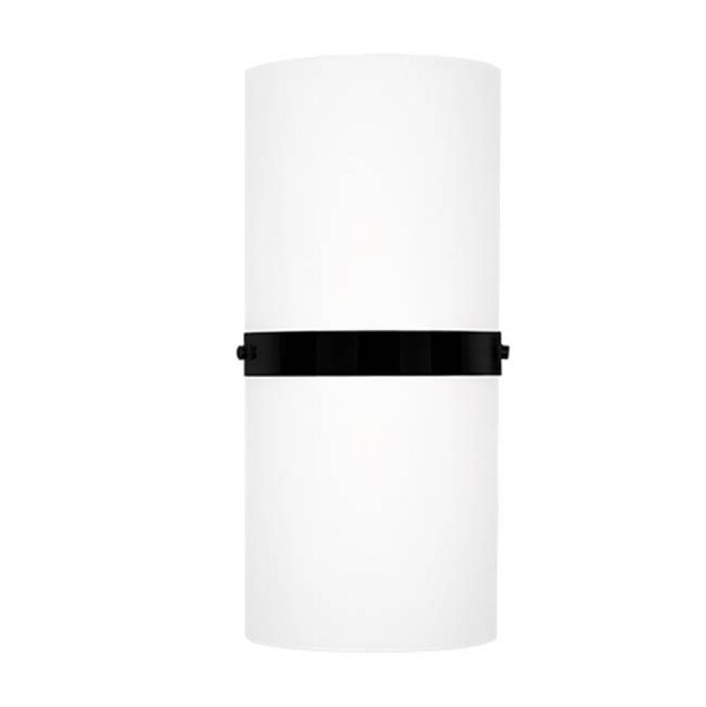 Single Led Wall Sconce With Half Cylinder Shaped White Opal Glass And Black Band