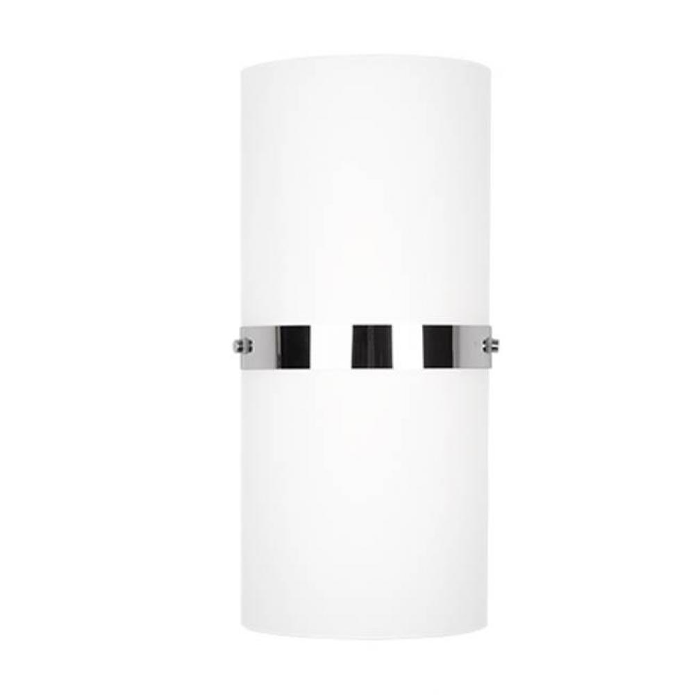 Single Led Wall Sconce With Half Cylinder Shaped White Opal Glass And Chrome Band
