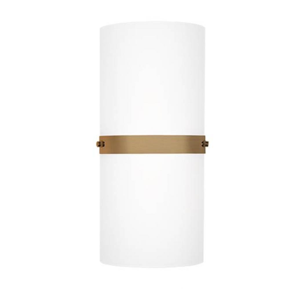 Single Led Wall Sconce With Half Cylinder Shaped White Opal Glass And Vintage Brass Band