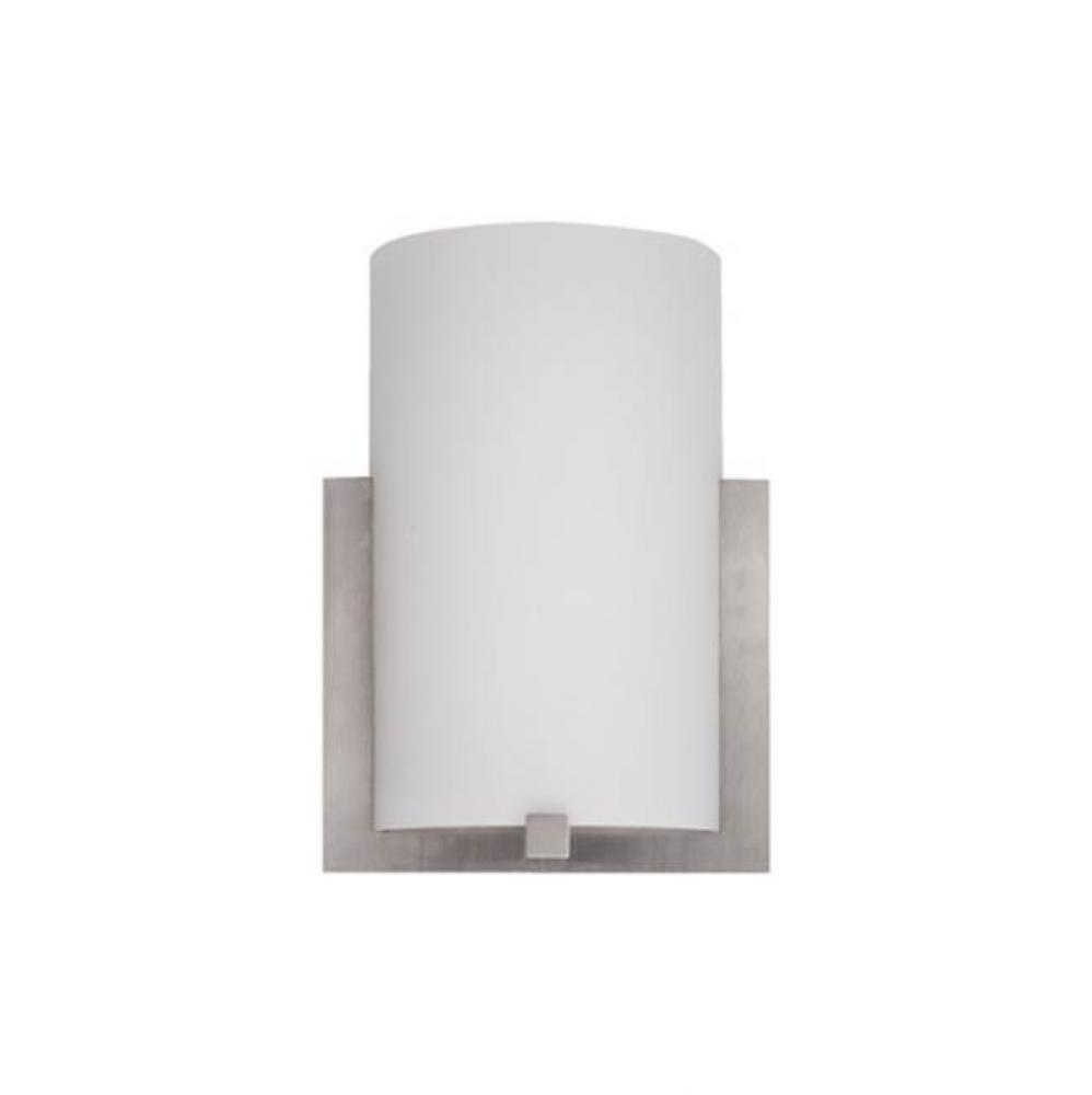 A Half Cylinder Made From White Opal Glass Is Affixed To The Wall With A Brushed Metal Square