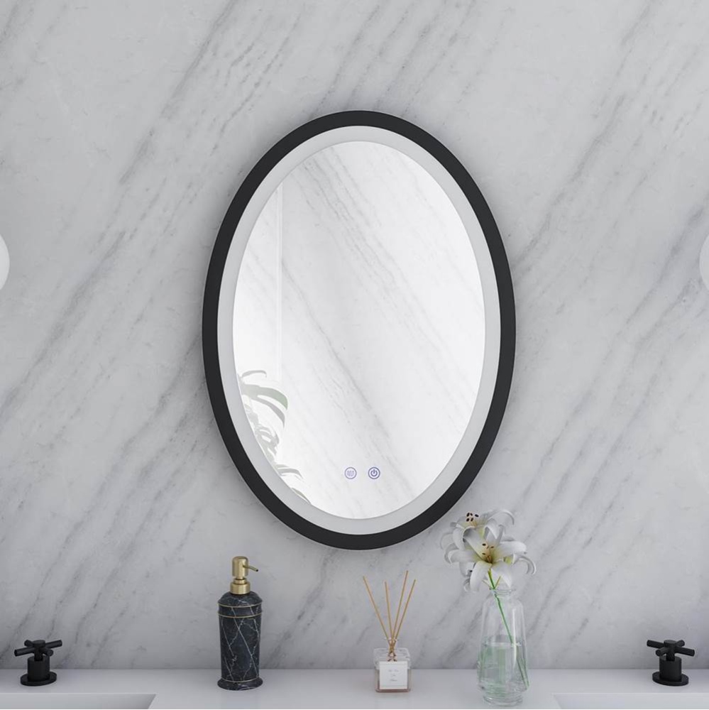 20 by 28 Inch Oval Lighted Mirror with Anti-Fog - Matte Black Frame