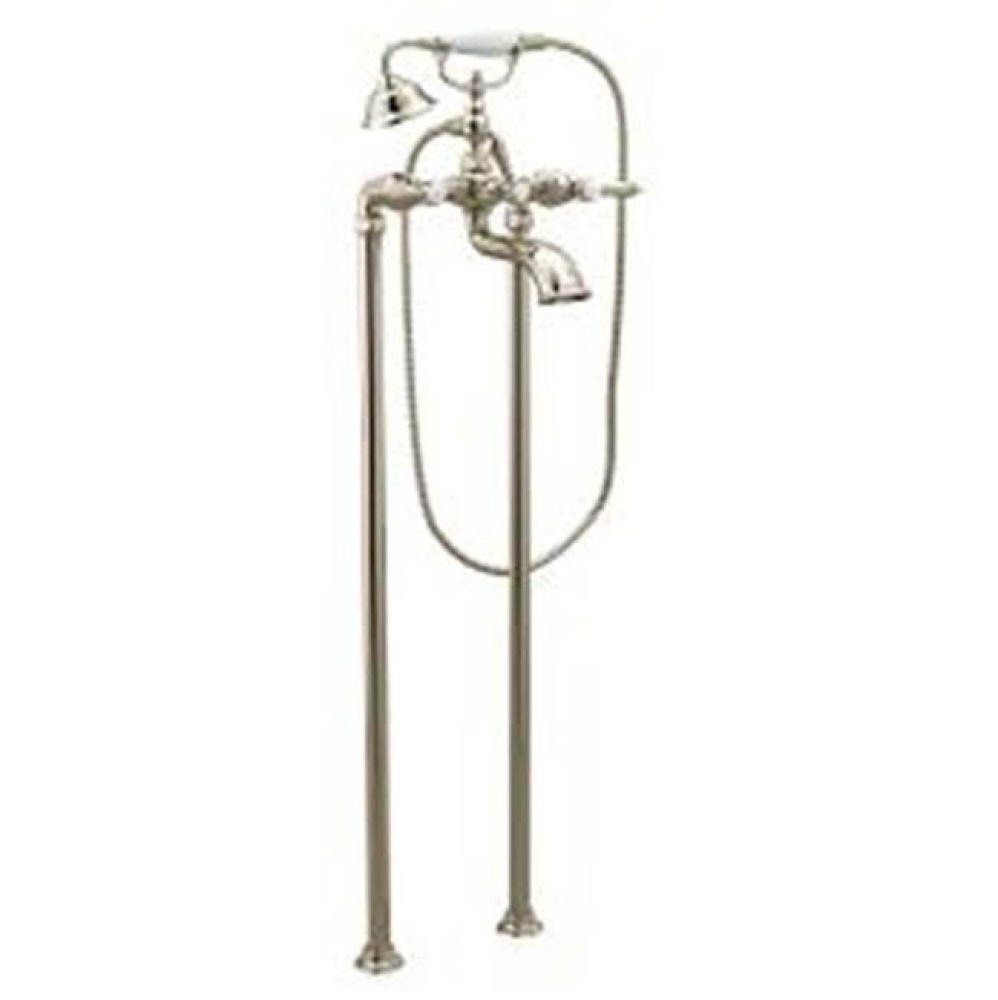 Polished nickel two-handle tub filler includes hand shower